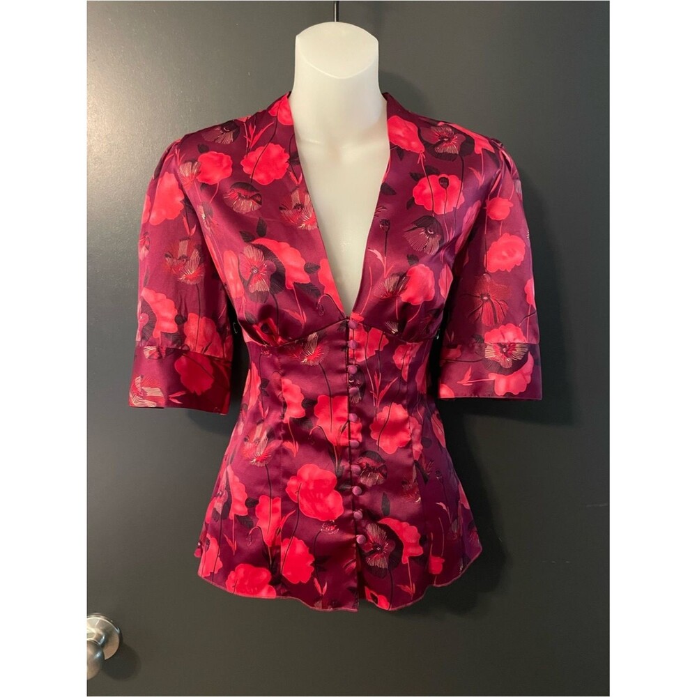 Guess Adele Floral Satin Peplum Top Blouse Women’s Small Wine Red Cocktail - Picture 2 of 10